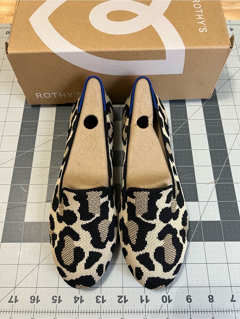 Rothy's Black and Cream Leopard Knit Slip-On Flats
